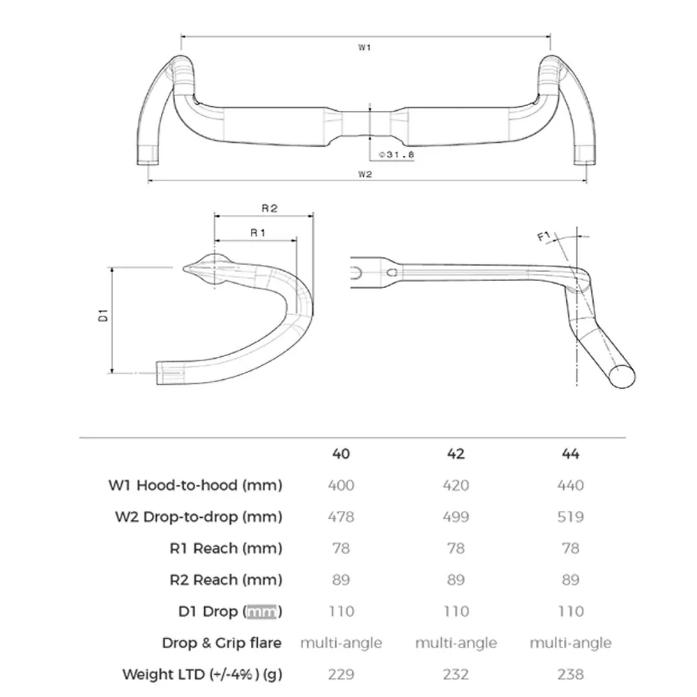 3t Aeroghiaia LTD Stealth Carbon Gravel-Lenker Breite 44 cm