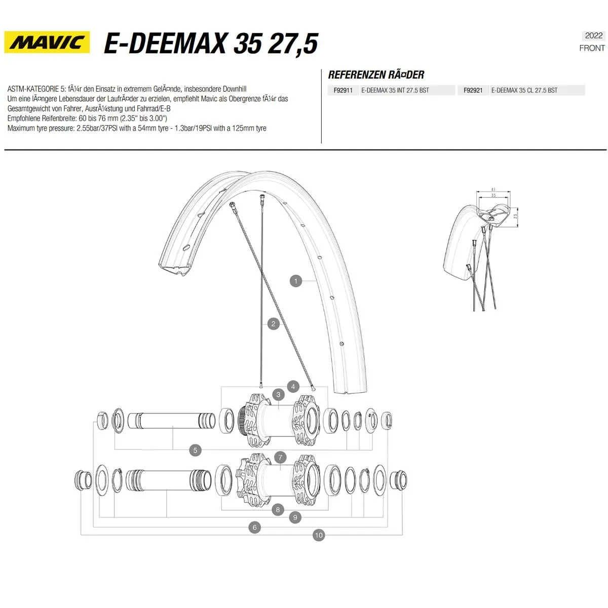 Mavic E-Deemax 35 Ersatzfelge 27,5 Zoll Vorder oder Hinterrad Modell 2022