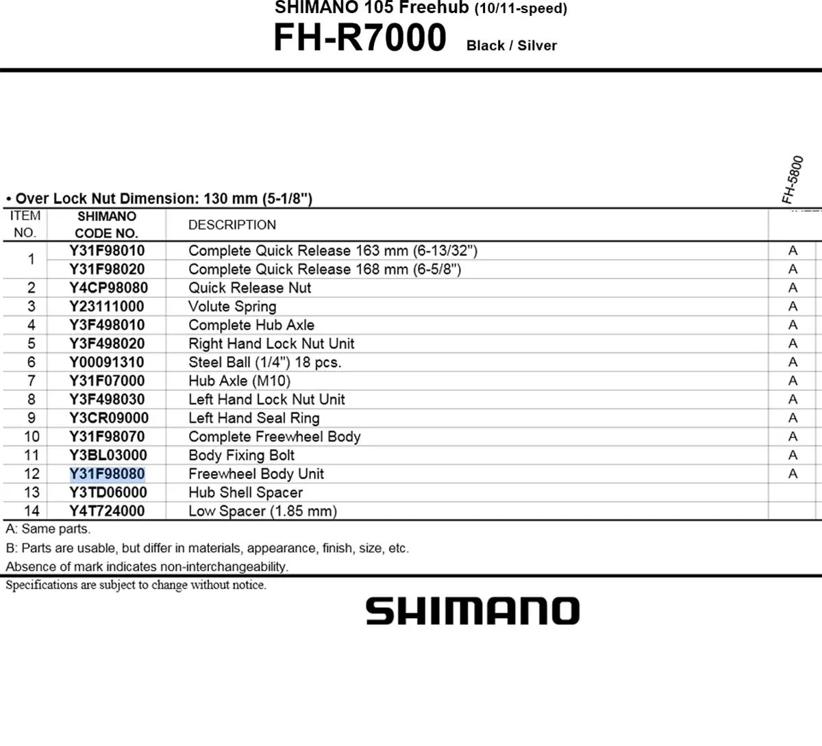 Shimano 105 FH-5800 / FH-R7000 Hinterradnaben Ersatzteil | Achse komplett Nr 4