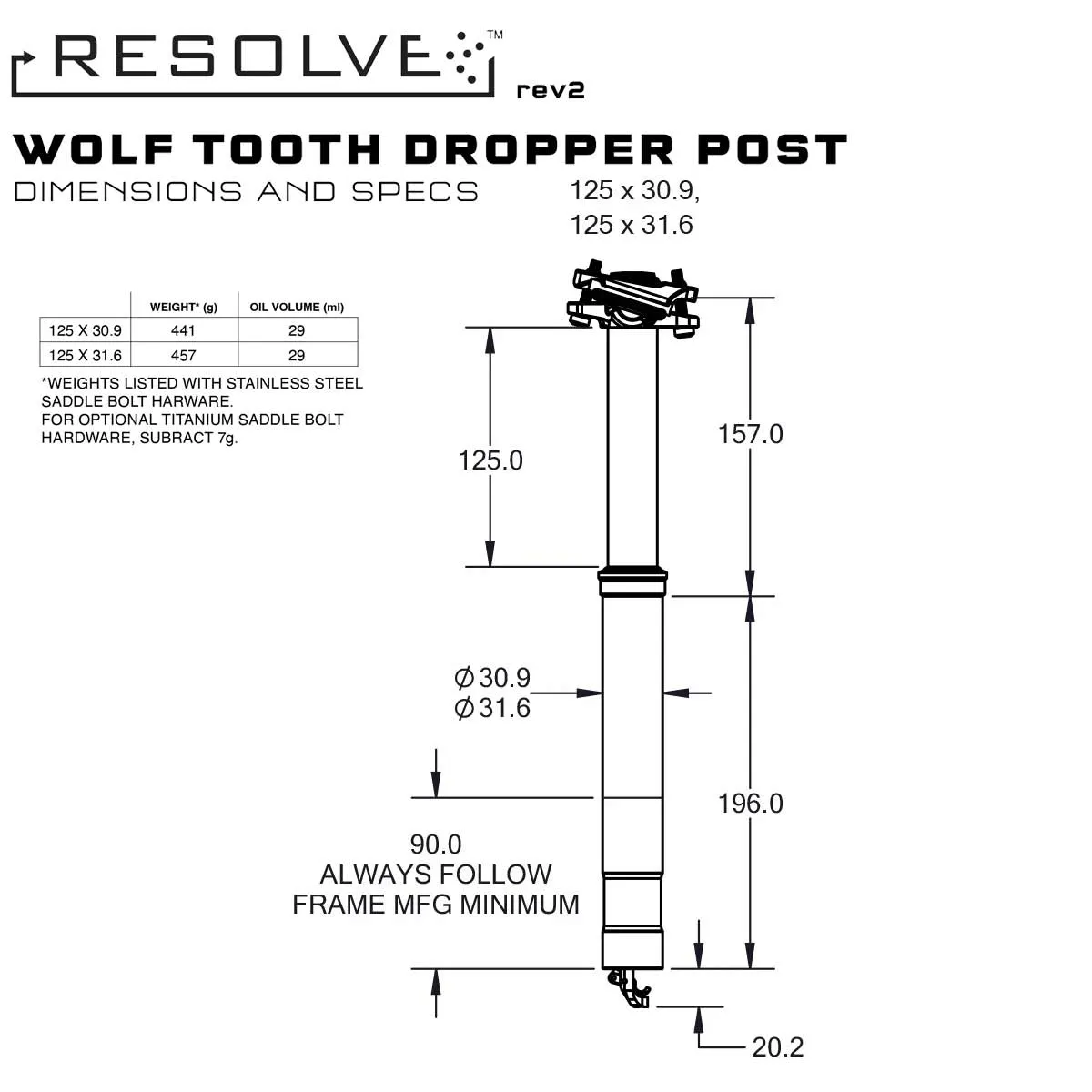Wolf Tooth Resolve Rev2 Vario Sattelstütze 31,6 x 373mm Hub 125mm