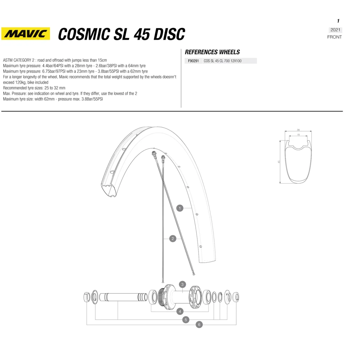 Mavic Cosmic SL 45 Disc Laufrad Modell 2021-24 | Ersatzfelge Vorder- Hinterrad