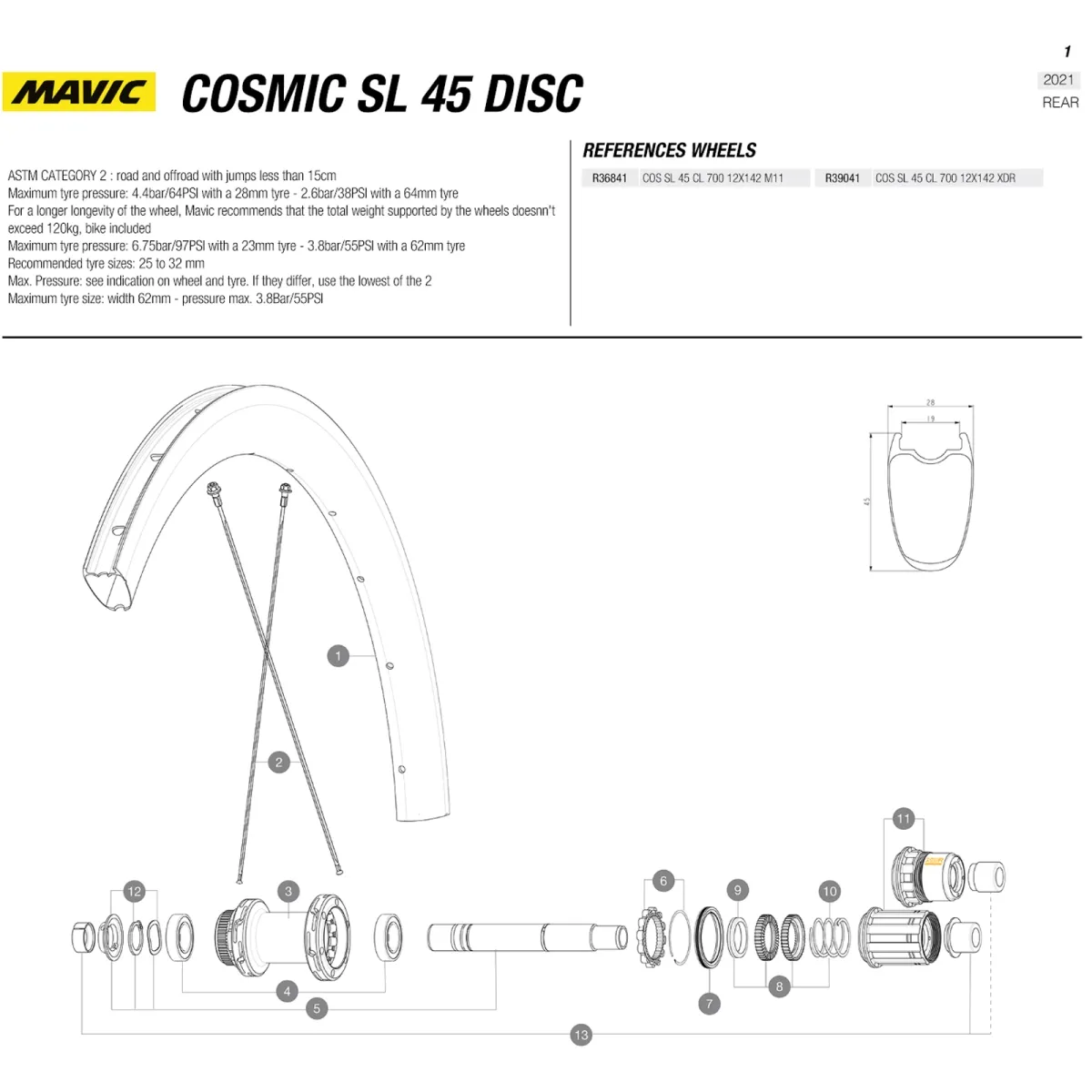 Mavic Cosmic SL 45 Disc Laufrad Modell 2021-24 | Ersatzfelge Vorder- Hinterrad