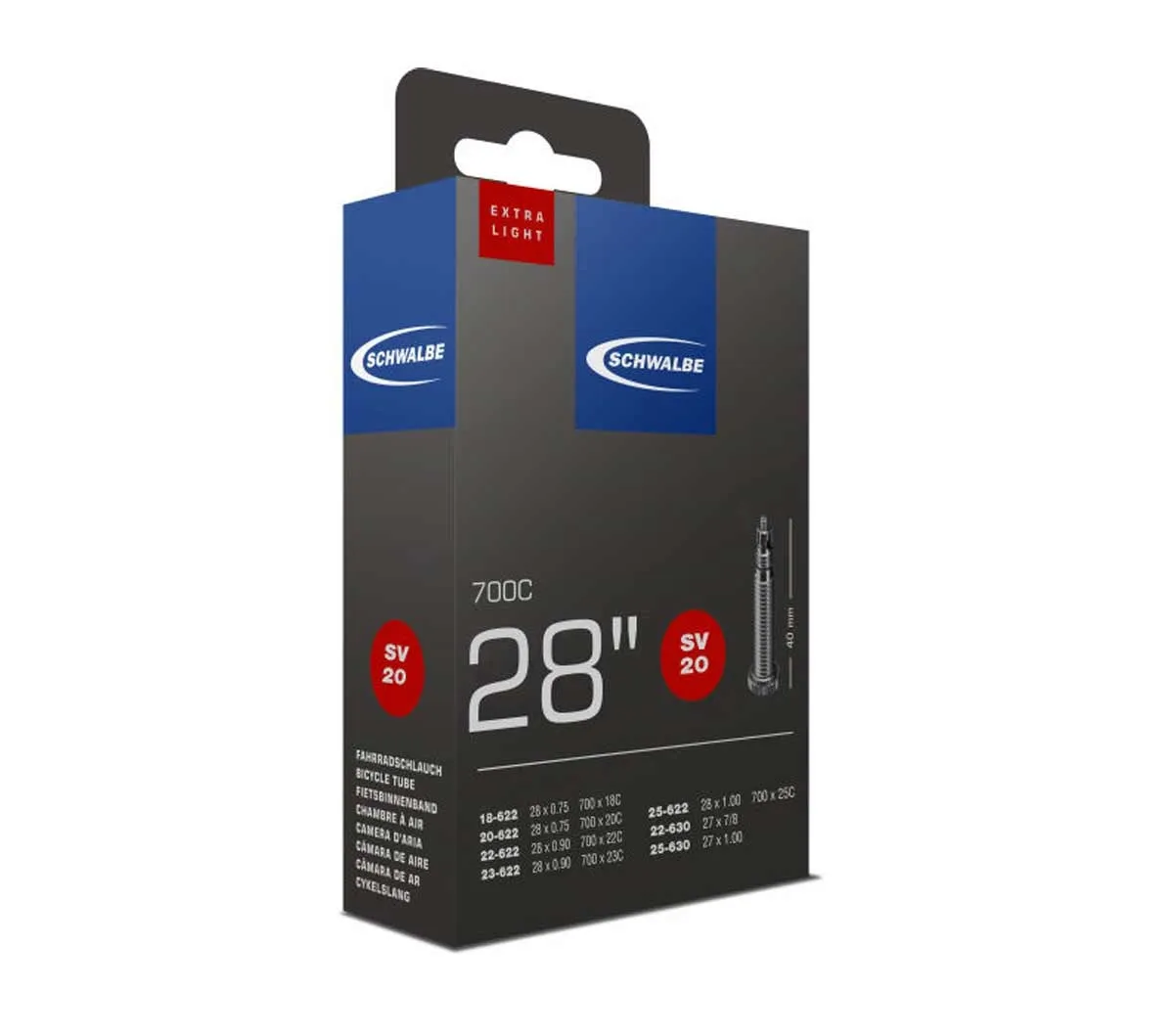 Schwalbe Schlauch SV 20 extra leicht | Road Butyl 28 Zoll 18-25 x 622 Sclaverand Ventil 40 mm