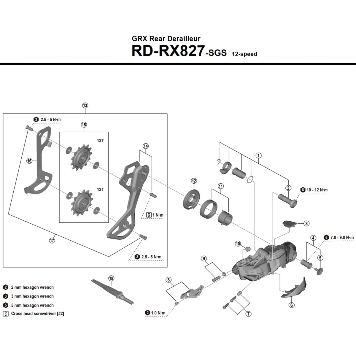 Shimano GRX Di2 Schaltwerk RD-RX827-SGS long Cage 12x1-fach max 51 Zähne ohne Akku