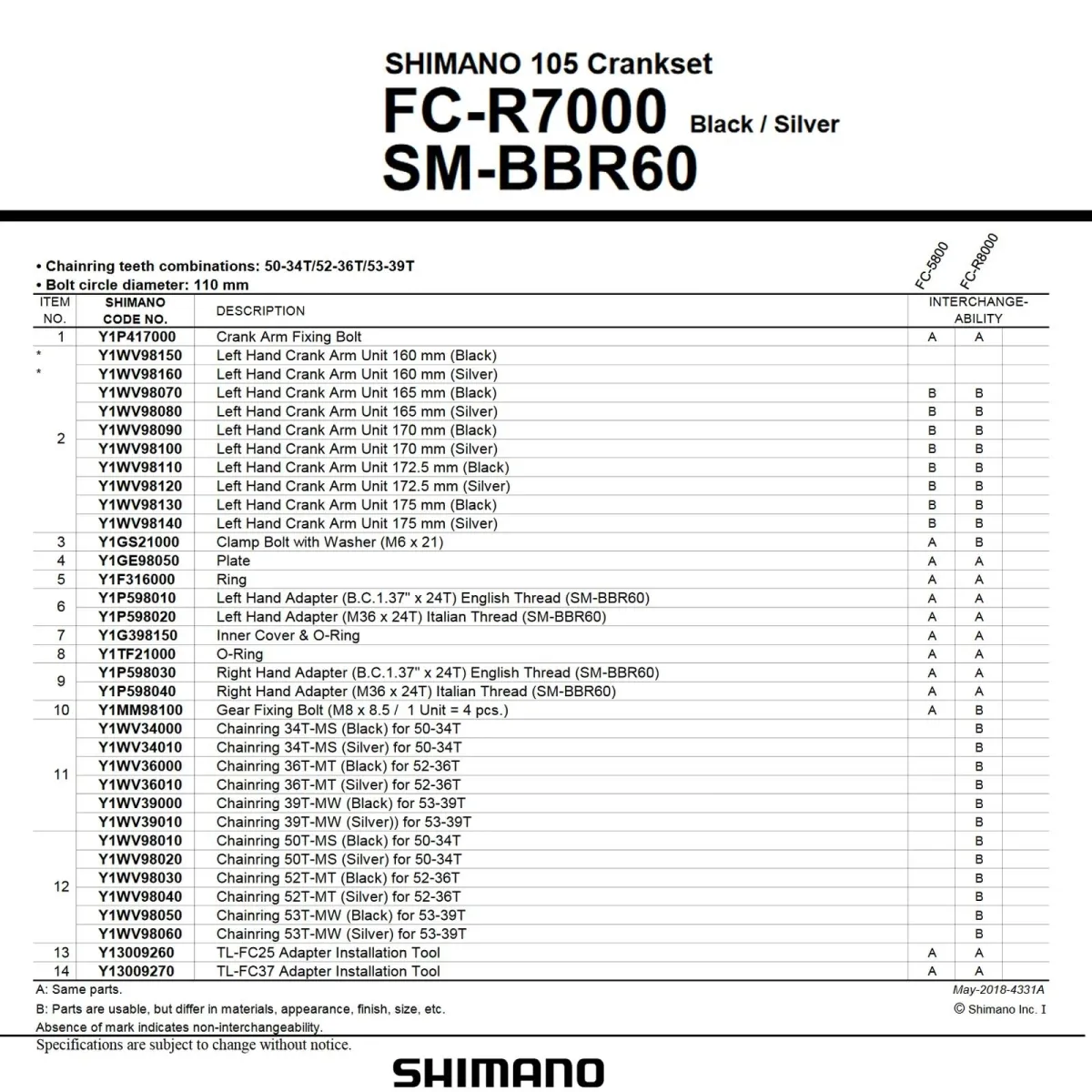 Shimano 105 Kurbel FC-R7000 Ersatzteil | Kurbelarm links silber Länge 165 mm