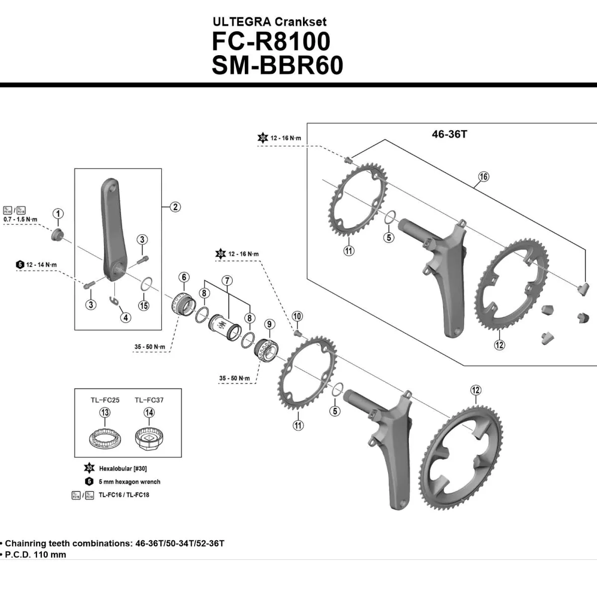 Shimano Ultegra Kurbel FC-R8100 Abstufung 46-36 Zähne 12-fach Länge 170 mm