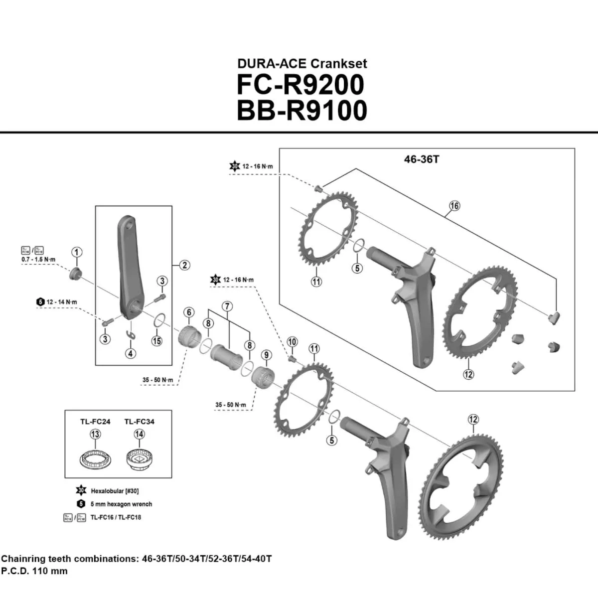 Shimano DURA-ACE Di2 Kurbel FC-R9200 Abstufung 54-40 Zähne Länge 172,5 mm